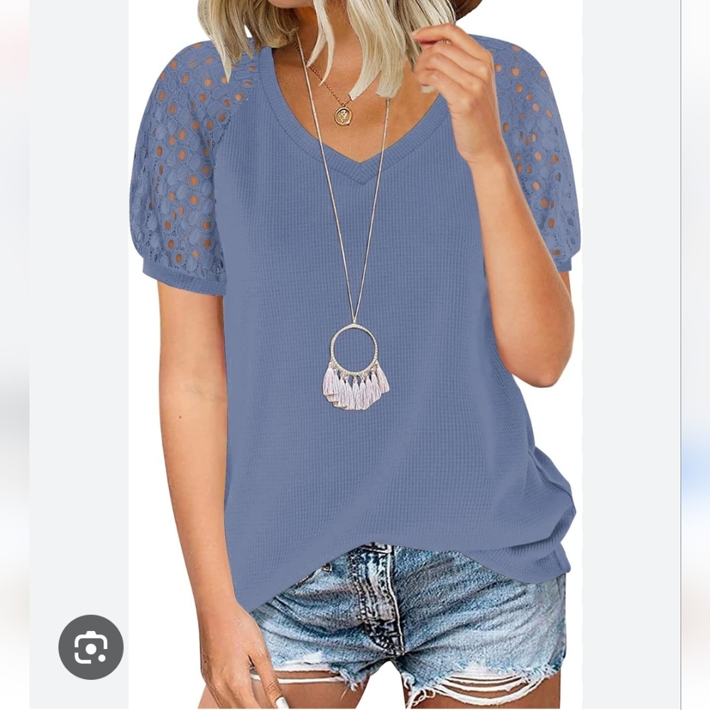 Lace-Sleeve V-Neck Tee in Dusty Blue Boho Mixed Media